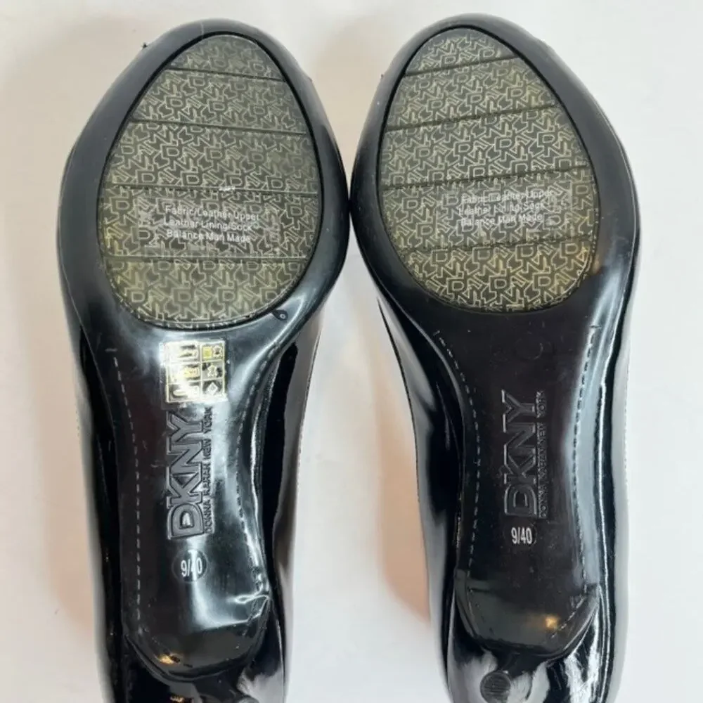 DKNY Black Patent Peep Toe Bow Heels Size 9 Elegant Feminine NWOB